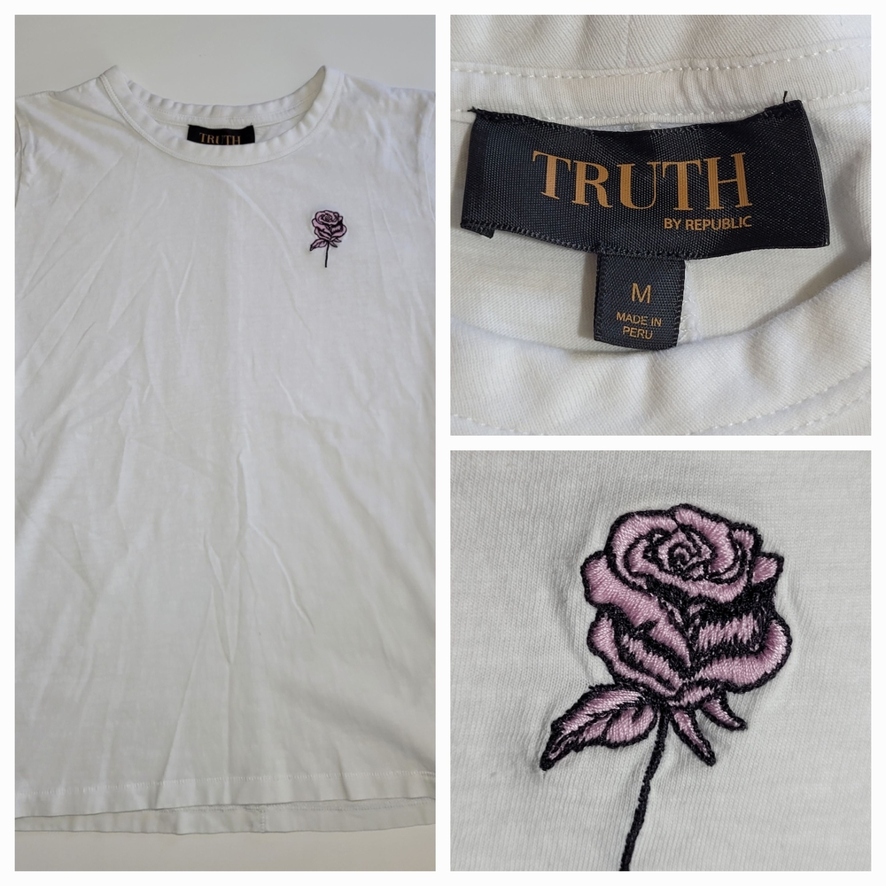 Truth by Republic White Short Sleeve Tee with Purple Rose Embroidery